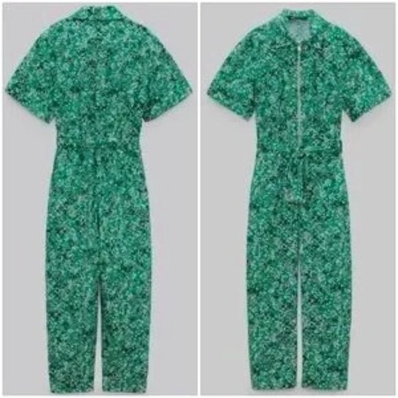Zara Zippered Printed Jumpsuit Green Floral Ditsy Blogger's Fav Size S - Picture 7 of 14